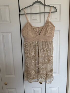 Beaded Lace Mini Dress in Nude